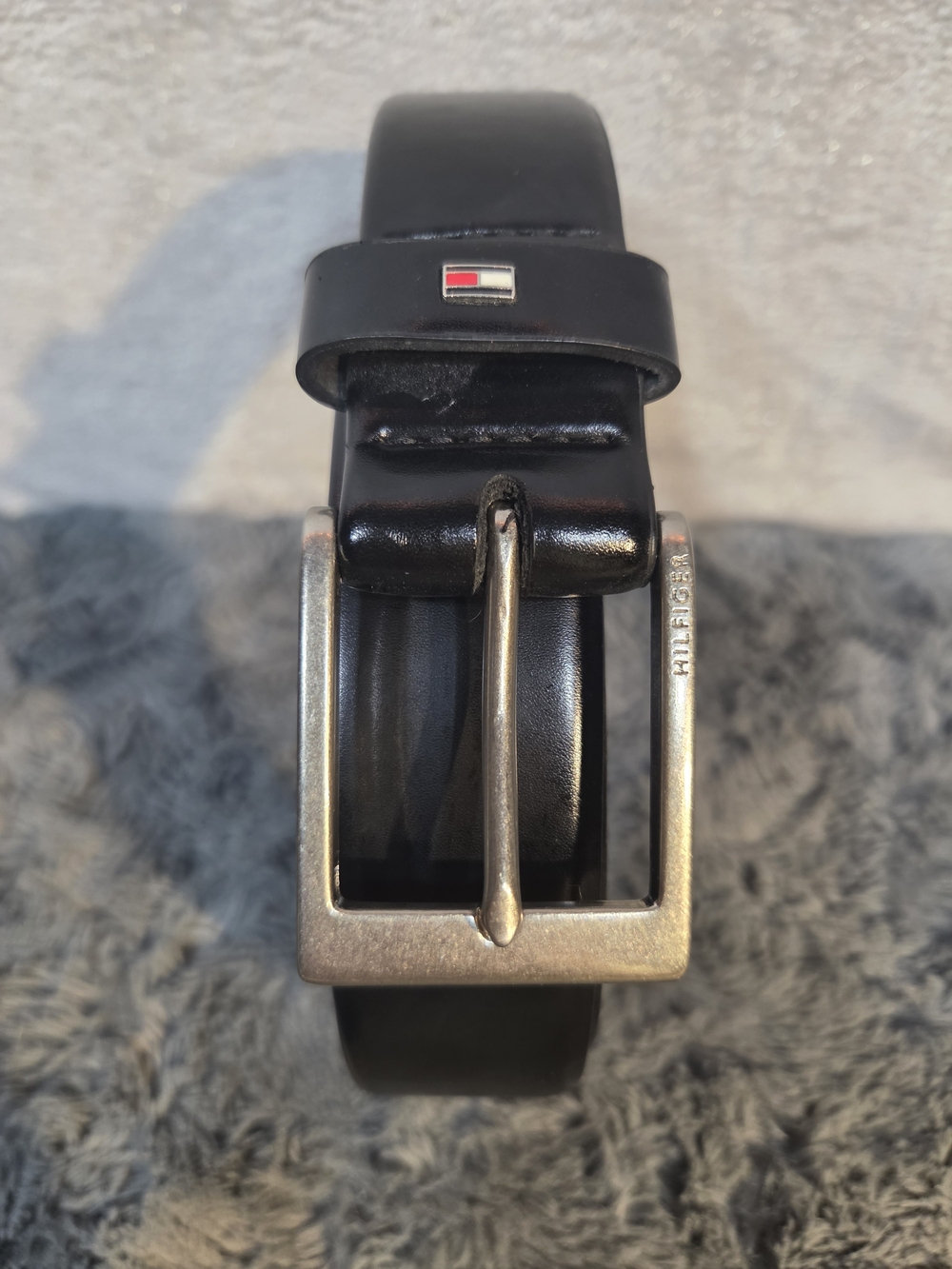 Tommy Hilfiger Black Leather Belt with Silver Buckle and Red/White/Blue Logo